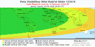 HilalMap: Peta Visibilitas Hilal Rabiul-Akhir 1334 H: rukyat tanggal 1916-2-4 M