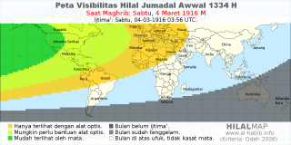 HilalMap: Peta Visibilitas Hilal Jumadal-Awwal 1334 H: rukyat tanggal 1916-3-4 M