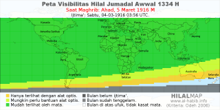 HilalMap: Peta Visibilitas Hilal Jumadal-Awwal 1334 H: rukyat tanggal 1916-3-5 M