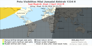 HilalMap: Peta Visibilitas Hilal Jumadal-Akhirah 1334 H: rukyat tanggal 1916-4-2 M
