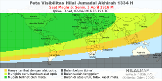 HilalMap: Peta Visibilitas Hilal Jumadal-Akhirah 1334 H: rukyat tanggal 1916-4-3 M