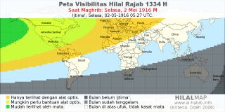 HilalMap: Peta Visibilitas Hilal Rajab 1334 H: rukyat tanggal 1916-5-2 M