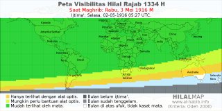 HilalMap: Peta Visibilitas Hilal Rajab 1334 H: rukyat tanggal 1916-5-3 M