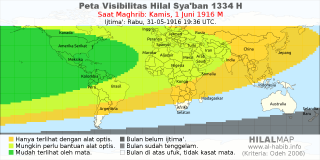 HilalMap: Peta Visibilitas Hilal Syaban 1334 H: rukyat tanggal 1916-6-1 M