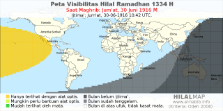 HilalMap: Peta Visibilitas Hilal Ramadhan 1334 H: rukyat tanggal 1916-6-30 M