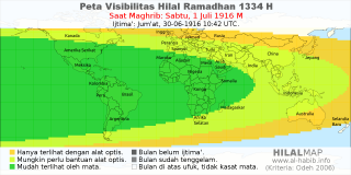 HilalMap: Peta Visibilitas Hilal Ramadhan 1334 H: rukyat tanggal 1916-7-1 M