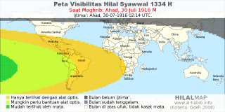 HilalMap: Peta Visibilitas Hilal Syawwal 1334 H: rukyat tanggal 1916-7-30 M