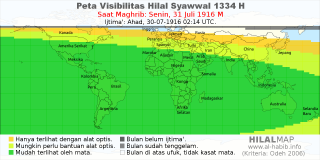 HilalMap: Peta Visibilitas Hilal Syawwal 1334 H: rukyat tanggal 1916-7-31 M