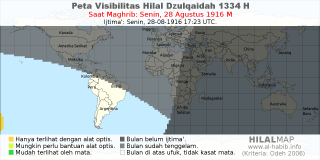 HilalMap: Peta Visibilitas Hilal Dzulqaidah 1334 H: rukyat tanggal 1916-8-28 M