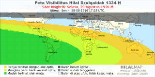 HilalMap: Peta Visibilitas Hilal Dzulqaidah 1334 H: rukyat tanggal 1916-8-29 M