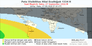 HilalMap: Peta Visibilitas Hilal Dzulhijjah 1334 H: rukyat tanggal 1916-9-27 M