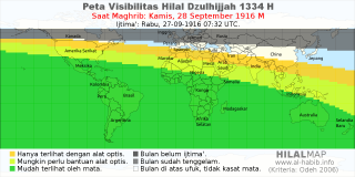 HilalMap: Peta Visibilitas Hilal Dzulhijjah 1334 H: rukyat tanggal 1916-9-28 M