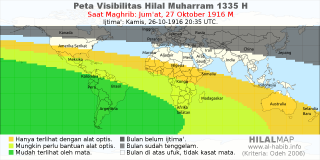 HilalMap: Peta Visibilitas Hilal Muharram 1335 H: rukyat tanggal 1916-10-27 M