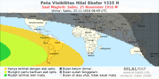 HilalMap: Peta Visibilitas Hilal Shafar 1335 H: rukyat tanggal 1916-11-25 M
