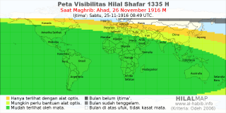HilalMap: Peta Visibilitas Hilal Shafar 1335 H: rukyat tanggal 1916-11-26 M