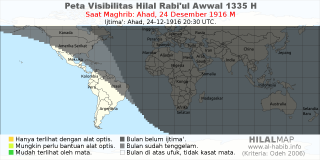 HilalMap: Peta Visibilitas Hilal Rabiul-Awwal 1335 H: rukyat tanggal 1916-12-24 M