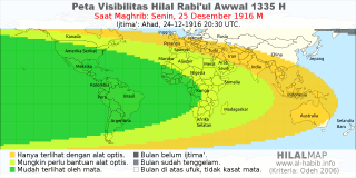 HilalMap: Peta Visibilitas Hilal Rabiul-Awwal 1335 H: rukyat tanggal 1916-12-25 M