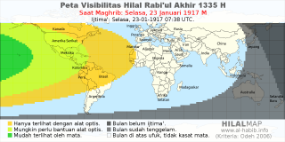 HilalMap: Peta Visibilitas Hilal Rabiul-Akhir 1335 H: rukyat tanggal 1917-1-23 M
