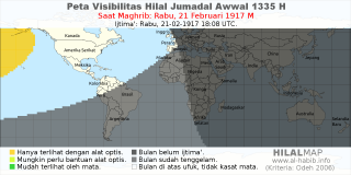 HilalMap: Peta Visibilitas Hilal Jumadal-Awwal 1335 H: rukyat tanggal 1917-2-21 M