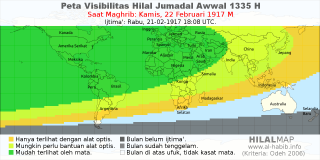 HilalMap: Peta Visibilitas Hilal Jumadal-Awwal 1335 H: rukyat tanggal 1917-2-22 M