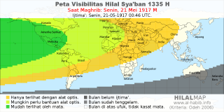 HilalMap: Peta Visibilitas Hilal Syaban 1335 H: rukyat tanggal 1917-5-21 M