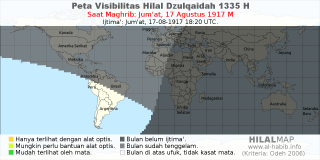HilalMap: Peta Visibilitas Hilal Dzulqaidah 1335 H: rukyat tanggal 1917-8-17 M