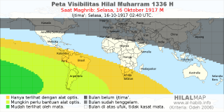 HilalMap: Peta Visibilitas Hilal Muharram 1336 H: rukyat tanggal 1917-10-16 M