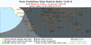 HilalMap: Peta Visibilitas Hilal Rabiul-Akhir 1336 H: rukyat tanggal 1918-1-12 M