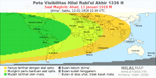 HilalMap: Peta Visibilitas Hilal Rabiul-Akhir 1336 H: rukyat tanggal 1918-1-13 M