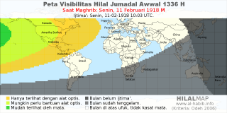 HilalMap: Peta Visibilitas Hilal Jumadal-Awwal 1336 H: rukyat tanggal 1918-2-11 M