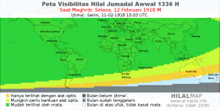 HilalMap: Peta Visibilitas Hilal Jumadal-Awwal 1336 H: rukyat tanggal 1918-2-12 M