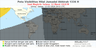 HilalMap: Peta Visibilitas Hilal Jumadal-Akhirah 1336 H: rukyat tanggal 1918-3-12 M