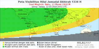 HilalMap: Peta Visibilitas Hilal Jumadal-Akhirah 1336 H: rukyat tanggal 1918-3-13 M