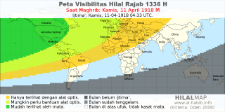 HilalMap: Peta Visibilitas Hilal Rajab 1336 H: rukyat tanggal 1918-4-11 M