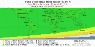 HilalMap: Peta Visibilitas Hilal Rajab 1336 H: rukyat tanggal 1918-4-12 M