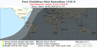 HilalMap: Peta Visibilitas Hilal Ramadhan 1336 H: rukyat tanggal 1918-6-8 M