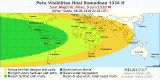 HilalMap: Peta Visibilitas Hilal Ramadhan 1336 H: rukyat tanggal 1918-6-9 M