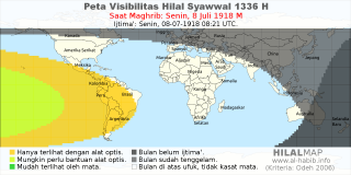 HilalMap: Peta Visibilitas Hilal Syawwal 1336 H: rukyat tanggal 1918-7-8 M