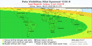 HilalMap: Peta Visibilitas Hilal Syawwal 1336 H: rukyat tanggal 1918-7-9 M