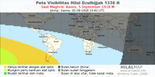 HilalMap: Peta Visibilitas Hilal Dzulhijjah 1336 H: rukyat tanggal 1918-9-5 M