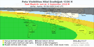 HilalMap: Peta Visibilitas Hilal Dzulhijjah 1336 H: rukyat tanggal 1918-9-6 M