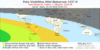 HilalMap: Peta Visibilitas Hilal Muharram 1337 H: rukyat tanggal 1918-10-5 M