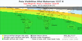 HilalMap: Peta Visibilitas Hilal Muharram 1337 H: rukyat tanggal 1918-10-6 M