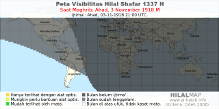 HilalMap: Peta Visibilitas Hilal Shafar 1337 H: rukyat tanggal 1918-11-3 M