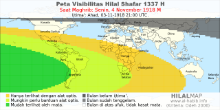 HilalMap: Peta Visibilitas Hilal Shafar 1337 H: rukyat tanggal 1918-11-4 M