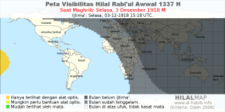 HilalMap: Peta Visibilitas Hilal Rabiul-Awwal 1337 H: rukyat tanggal 1918-12-3 M
