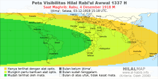 HilalMap: Peta Visibilitas Hilal Rabiul-Awwal 1337 H: rukyat tanggal 1918-12-4 M