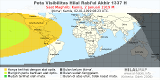 HilalMap: Peta Visibilitas Hilal Rabiul-Akhir 1337 H: rukyat tanggal 1919-1-2 M