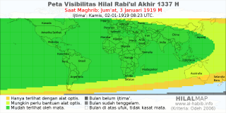 HilalMap: Peta Visibilitas Hilal Rabiul-Akhir 1337 H: rukyat tanggal 1919-1-3 M