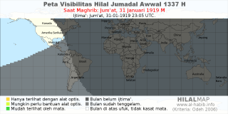 HilalMap: Peta Visibilitas Hilal Jumadal-Awwal 1337 H: rukyat tanggal 1919-1-31 M